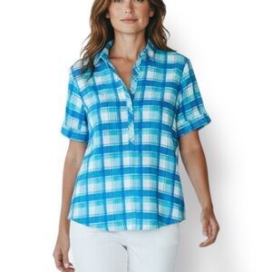 4/$20 Rebecca Malone Blue Plaid Seersucker Blouse Button-Front Top - Medium